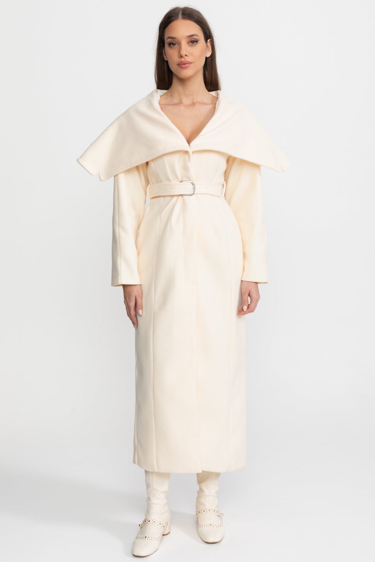 Longline Wool Blend Coat with Detachable Cape Collar and Belt – Ivory