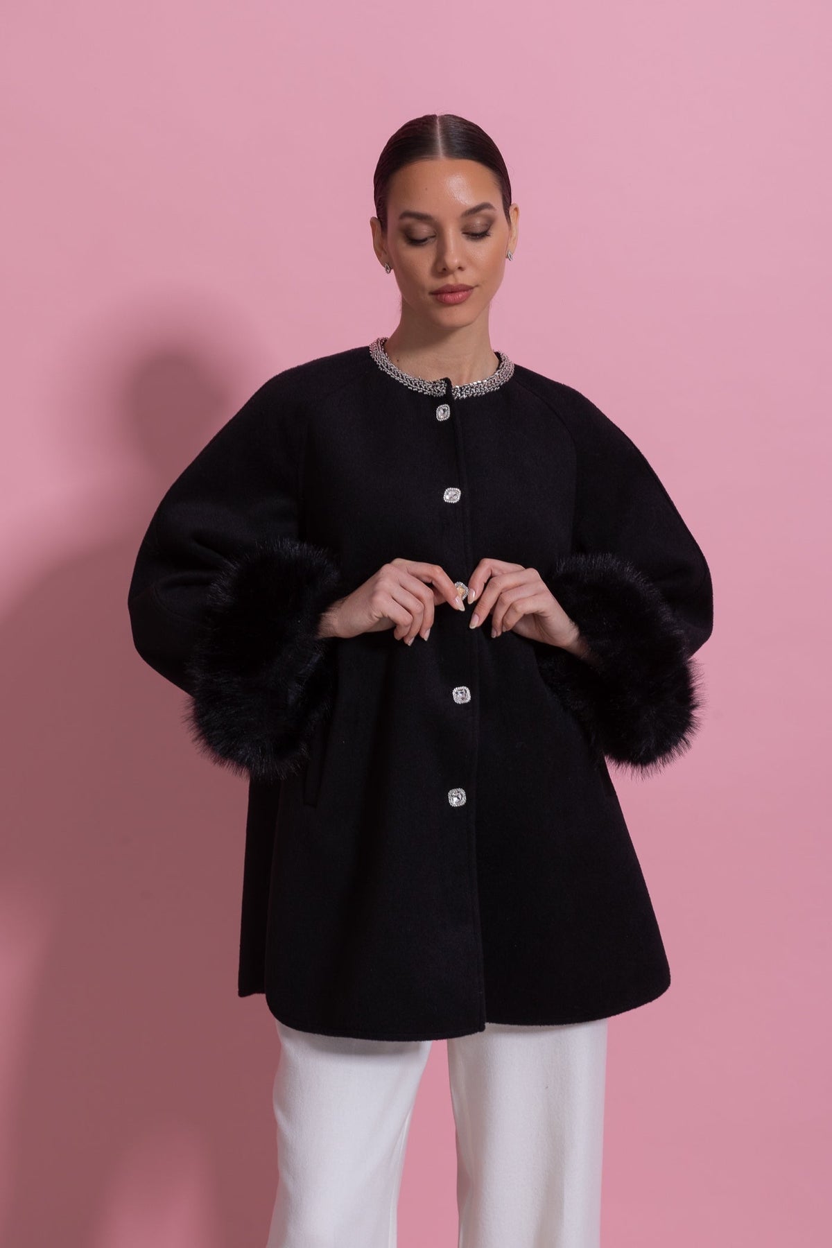 Longline Coat with Pearl Embellished Neckline and Faux Fur Cuffs – Black – view 3