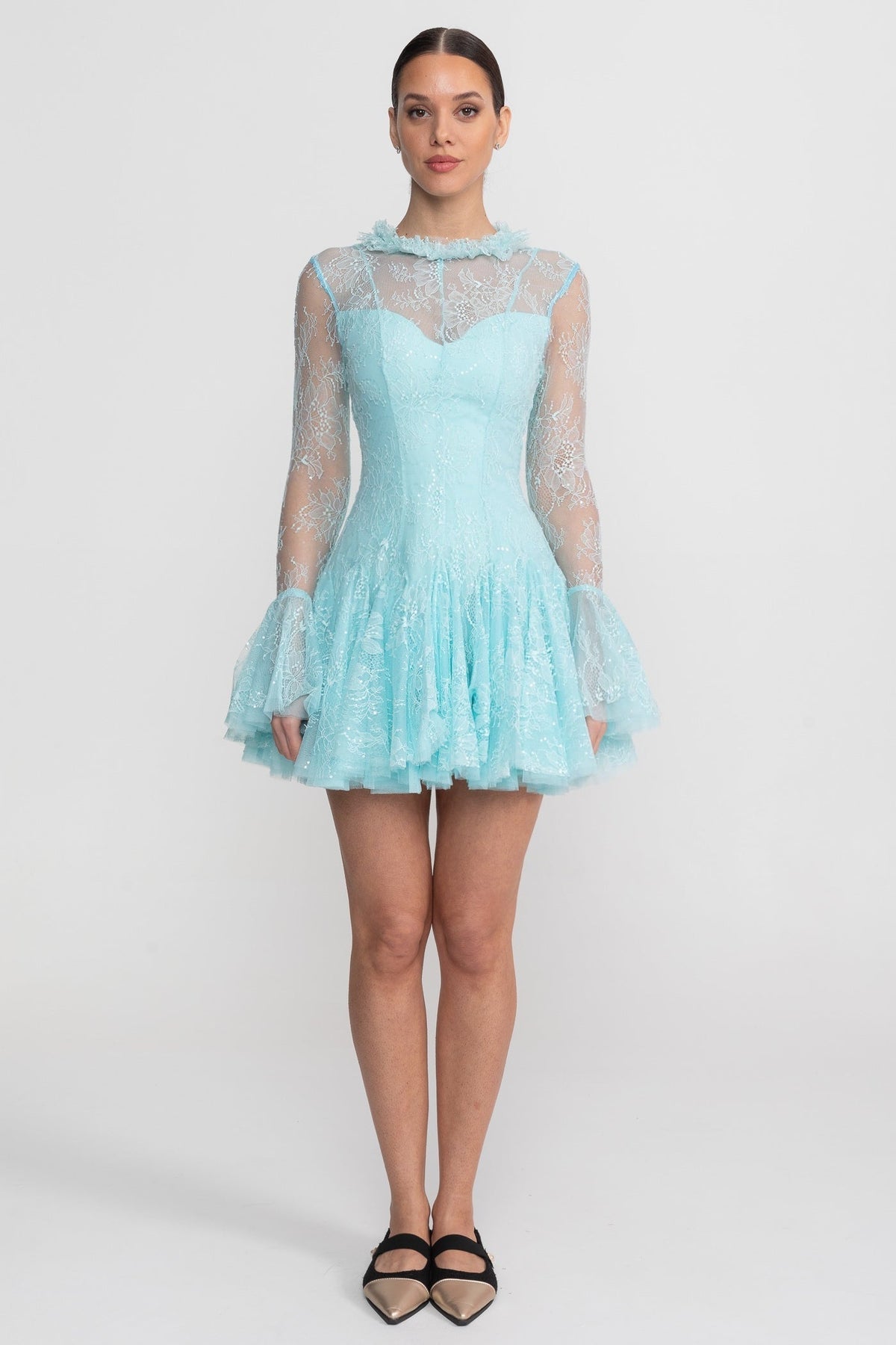 Sheer Lace High Neck Long Sleeve Mini Dress with Ruffled Hem – Teal – view 3