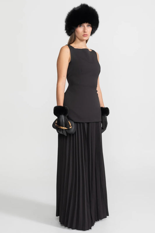 Sleeveless Bateau Neck Tailored Top and Pleated Maxi Skirt Set – Black – view 2