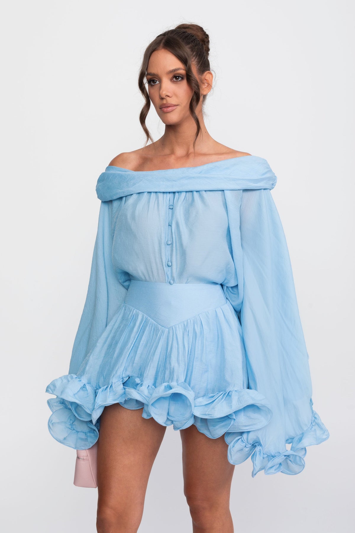 Off-Shoulder Balloon Sleeve Shirt and Mini Skort Co-ord Set – Light Blue – view 1