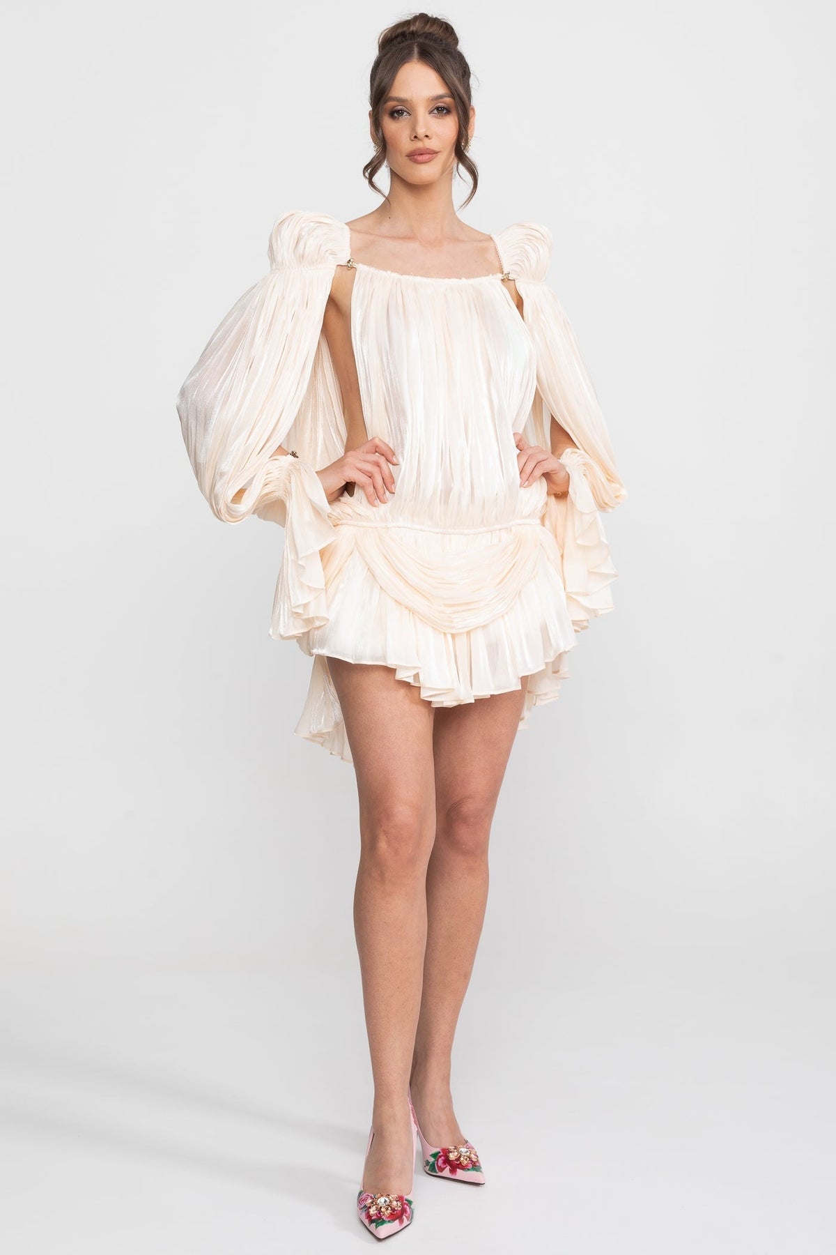 Sheer Chiffon Cape Sleeve Mini Dress with Gold Clip Detail – Ivory – view 4
