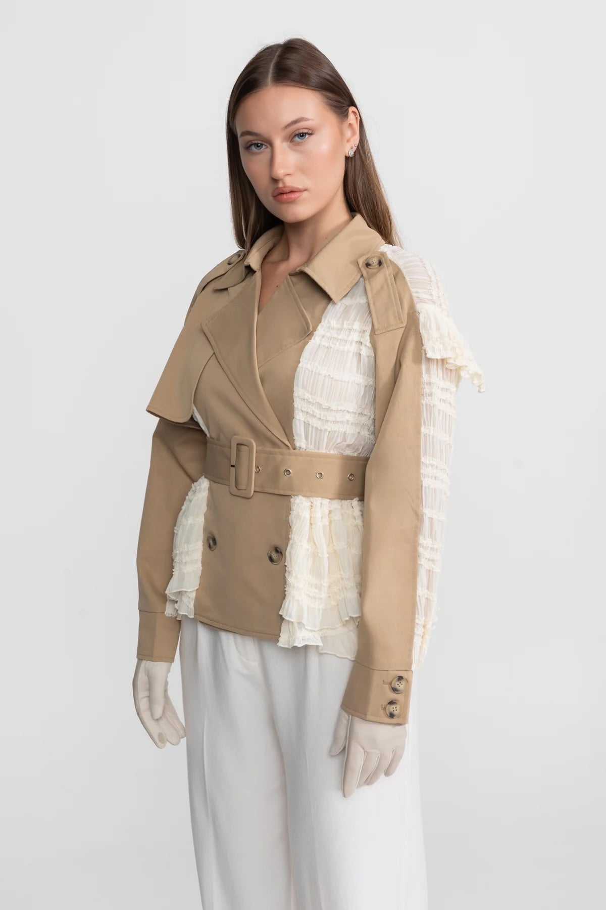 Double-Breasted Lace Panel Trench Jacket with Buckled Belt – Beige
