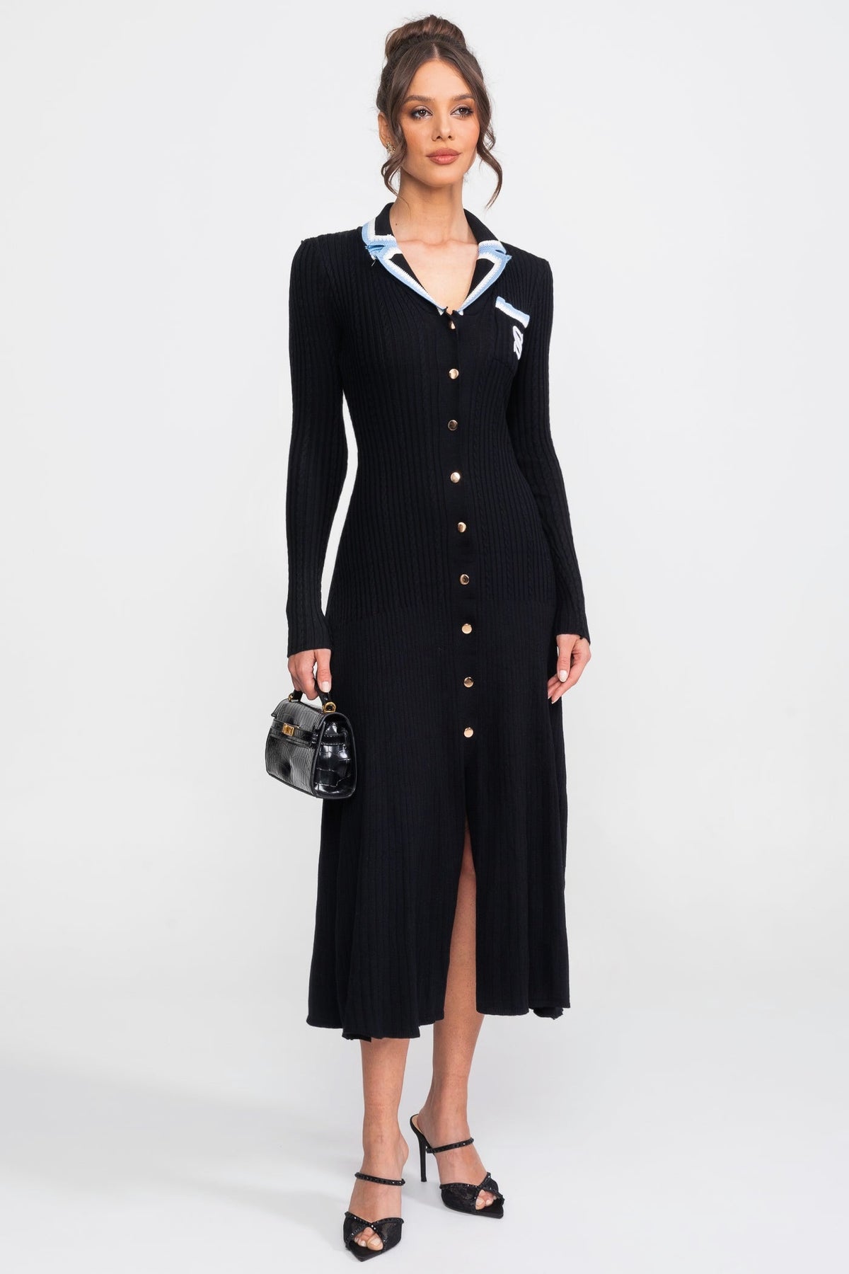 Ribbed Knit Polo Collar Long Sleeve Midi Dress with Monogram Pocket – Black
