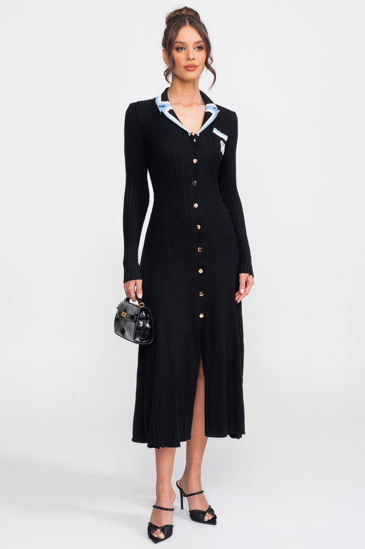 Ribbed Knit Polo Collar Long Sleeve Midi Dress with Monogram Pocket – Black