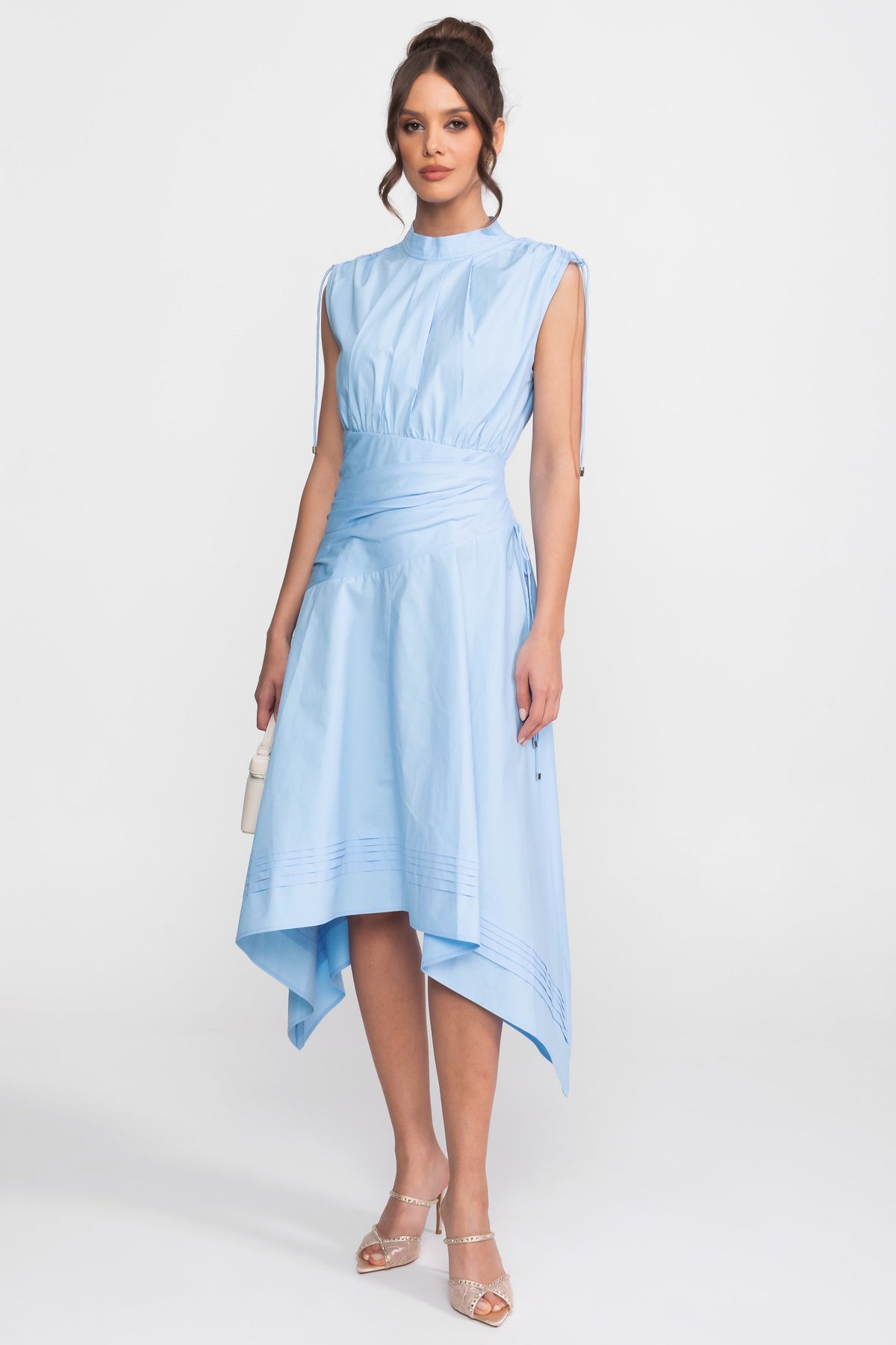 High Neck Ruched Waist Midi Dress with Handkerchief Hem – Light Blue – view 5