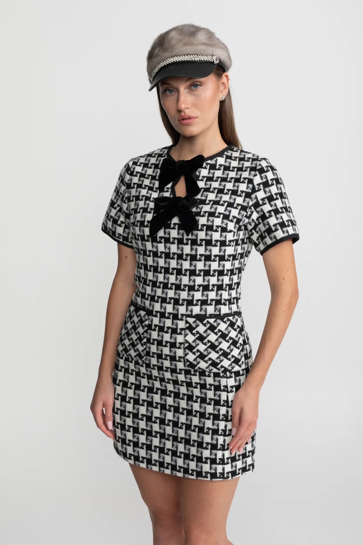 Check Tweed Mini Dress with Keyhole Neck and Velvet Bows – Black & White