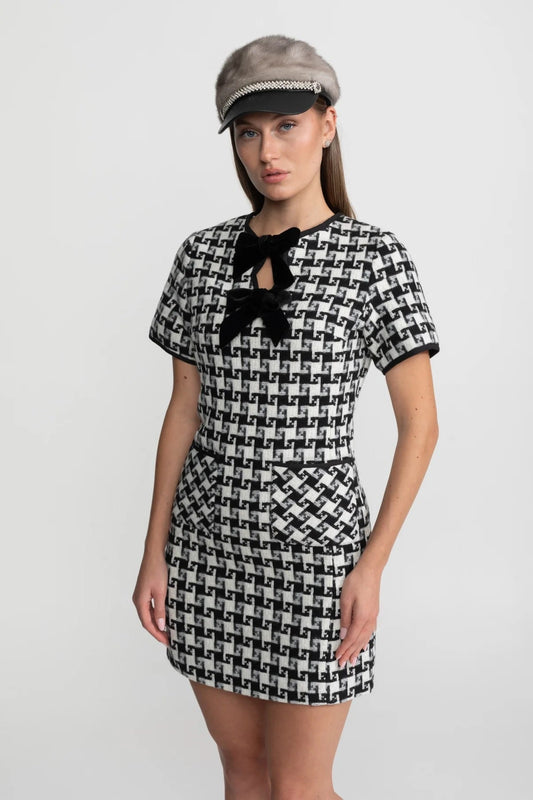 Check Tweed Mini Dress with Keyhole Neck and Velvet Bows – Black & White