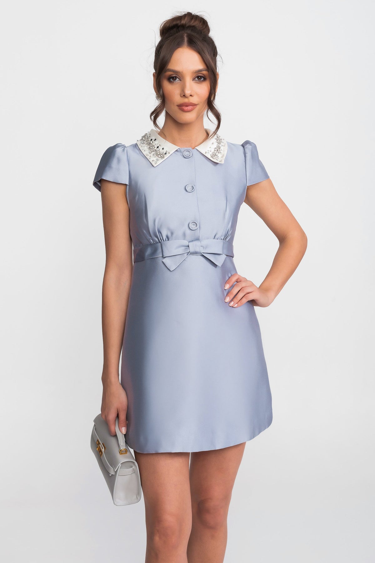 Satin Puff Sleeve Mini Dress with Crystal Peter Pan Collar – Light Blue – view 1