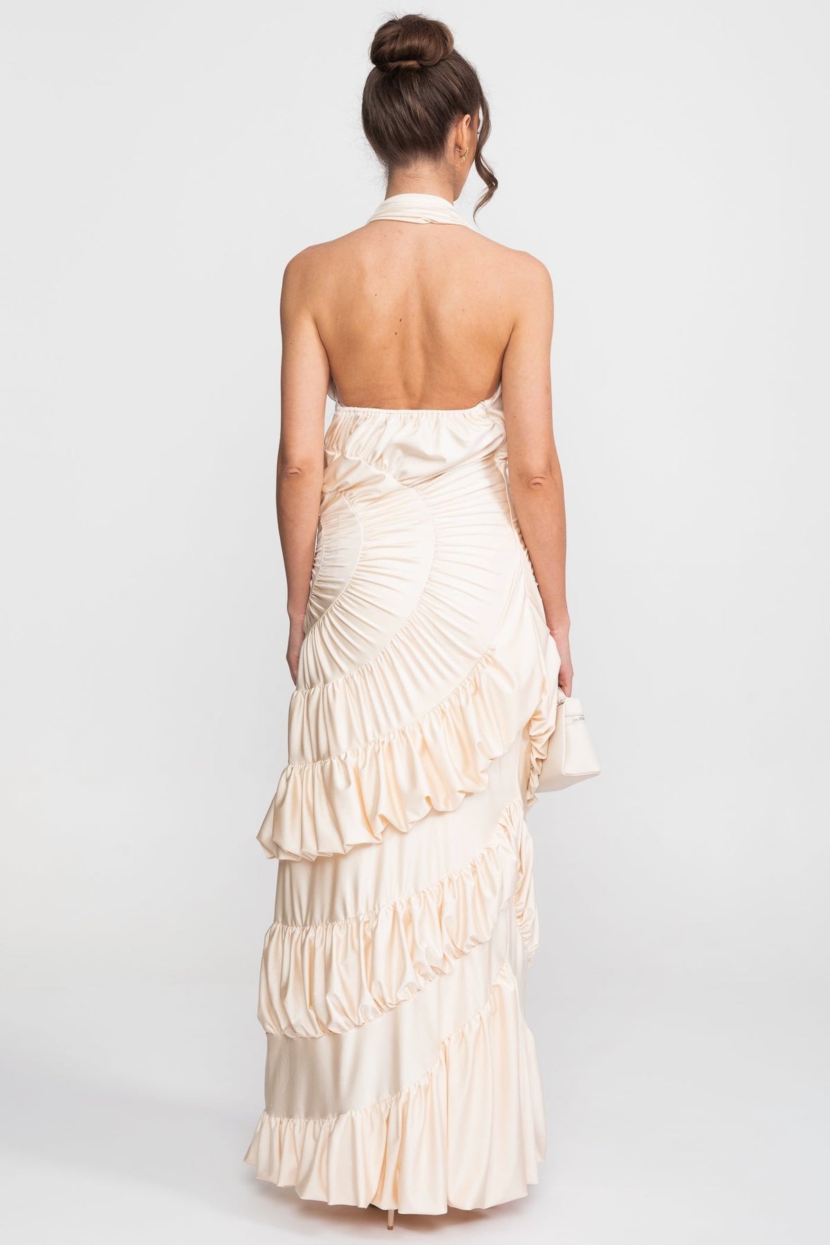 Halter Cowl Neck Fan-Pleated Maxi Dress with Tiered Ruffle Skirt – Ivory – view 8