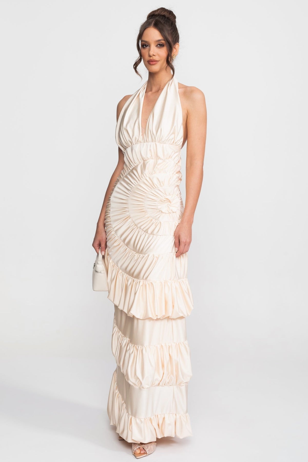 Halter Cowl Neck Fan-Pleated Maxi Dress with Tiered Ruffle Skirt – Ivory – view 5