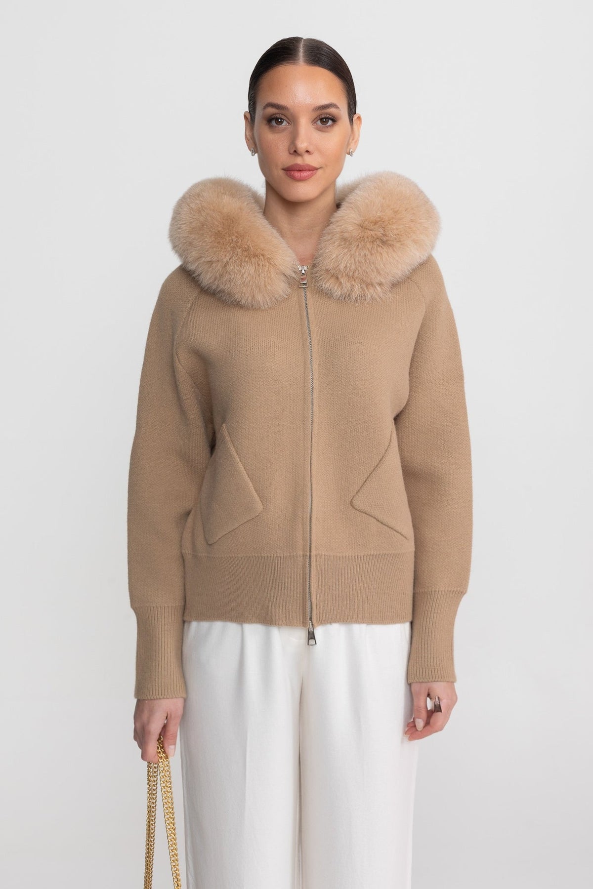 Zip-Up Wool Blend Knit Hoodie – Brown – view 2