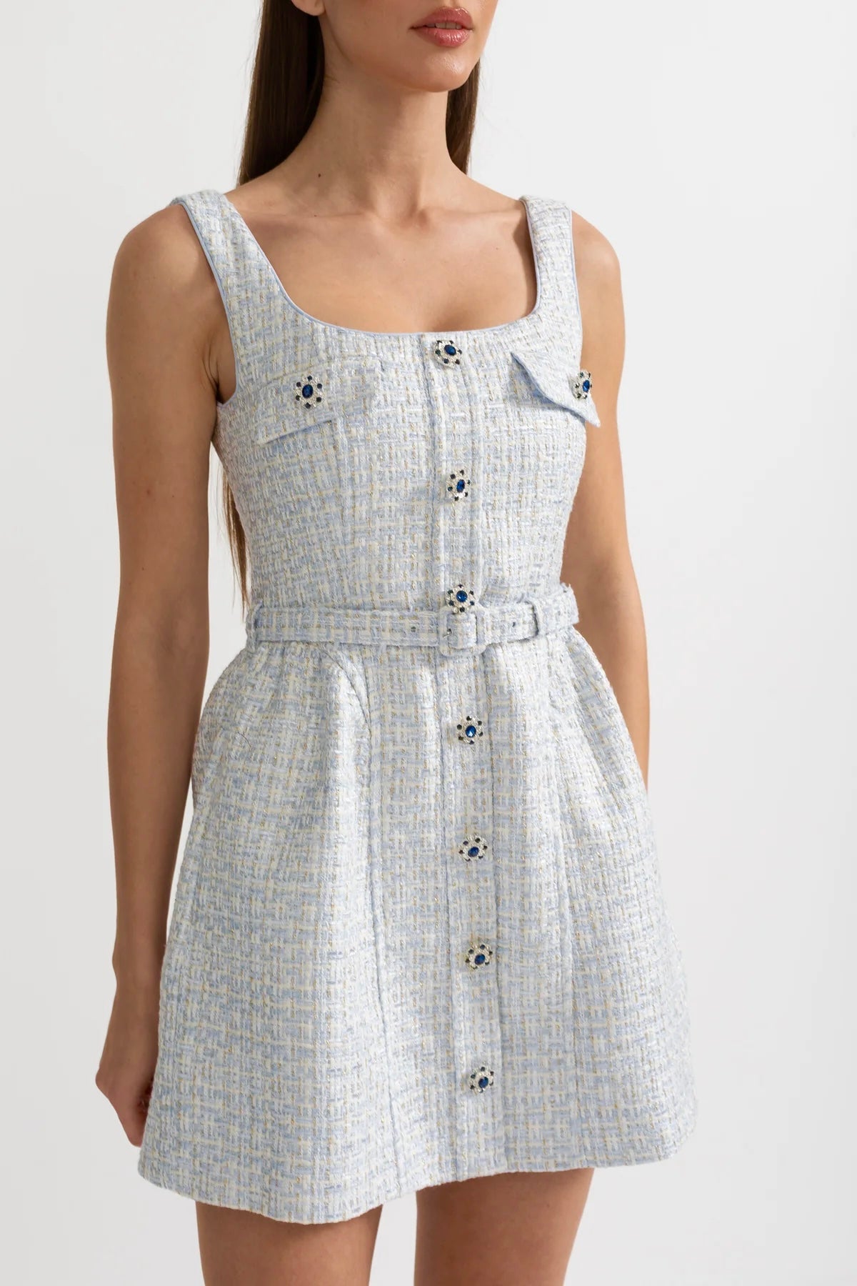 Sleeveless Tweed Mini Dress with Scoop Neck and Contrast Buttons – Light Blue – view 3