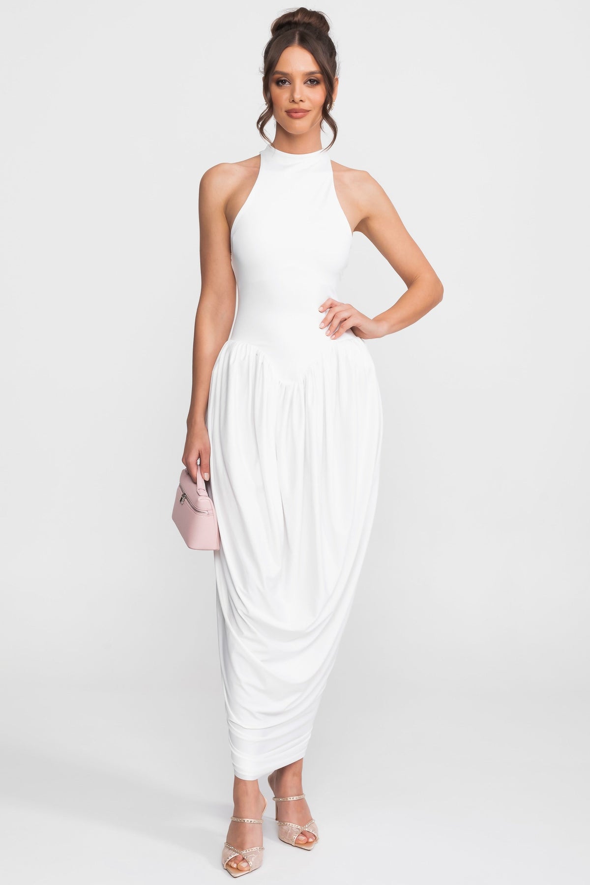 High Halter Neck Fitted Maxi Dress with Gathered Balloon Skirt – White – view 4