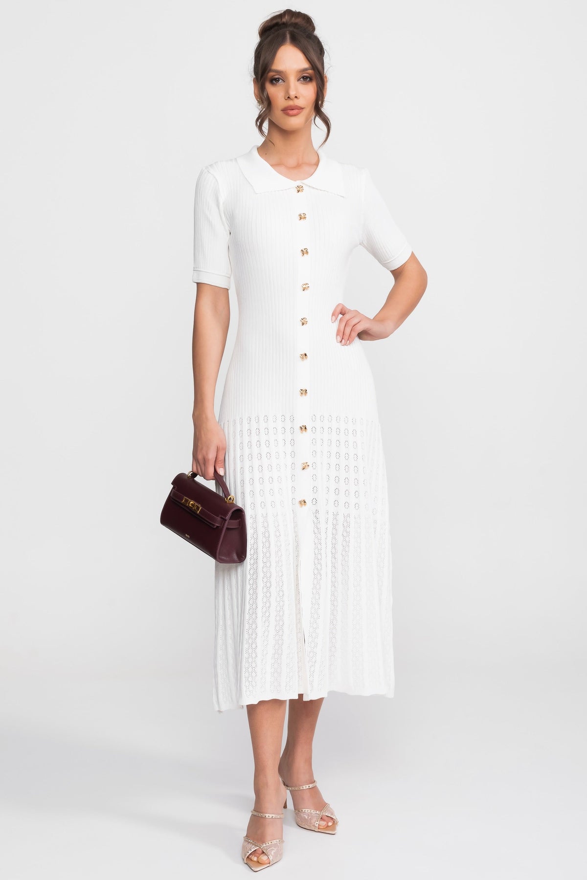 Ribbed Knit Peter Pan Collar Midi Dress with Pleated Skirt – White – view 4