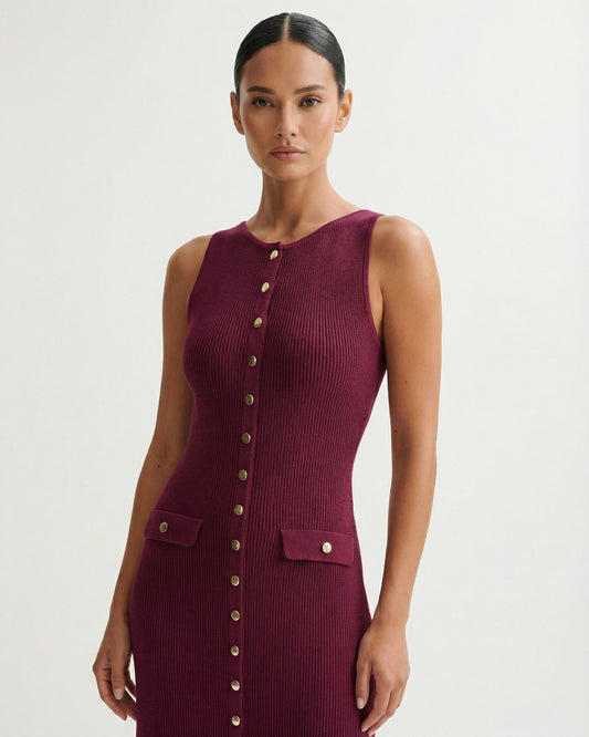 Old Money Form-Skimming Knitted Wool Blend Dress – Purple Claret – view 2