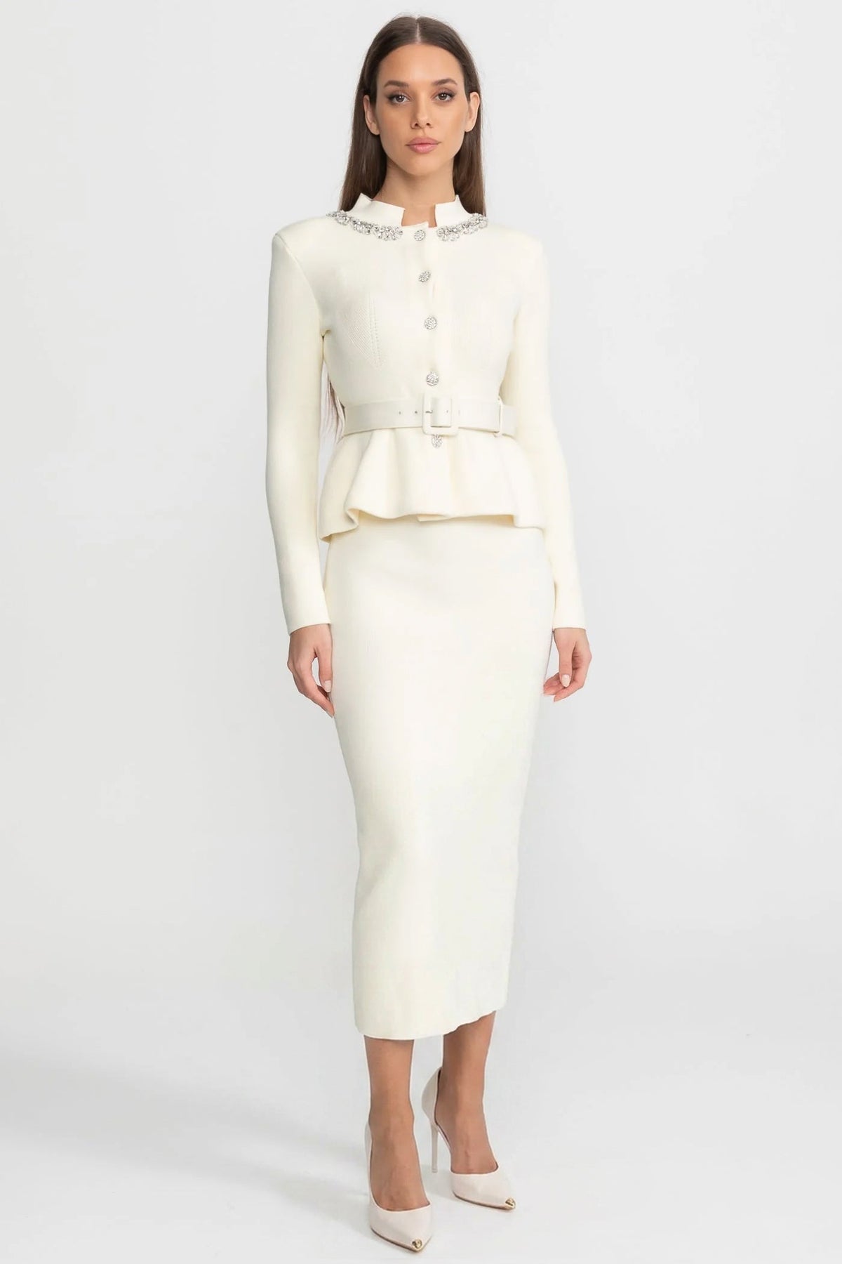 Structured Knit Peplum Midi Dress with Crystal Collar and Belt – Ivory – view 1