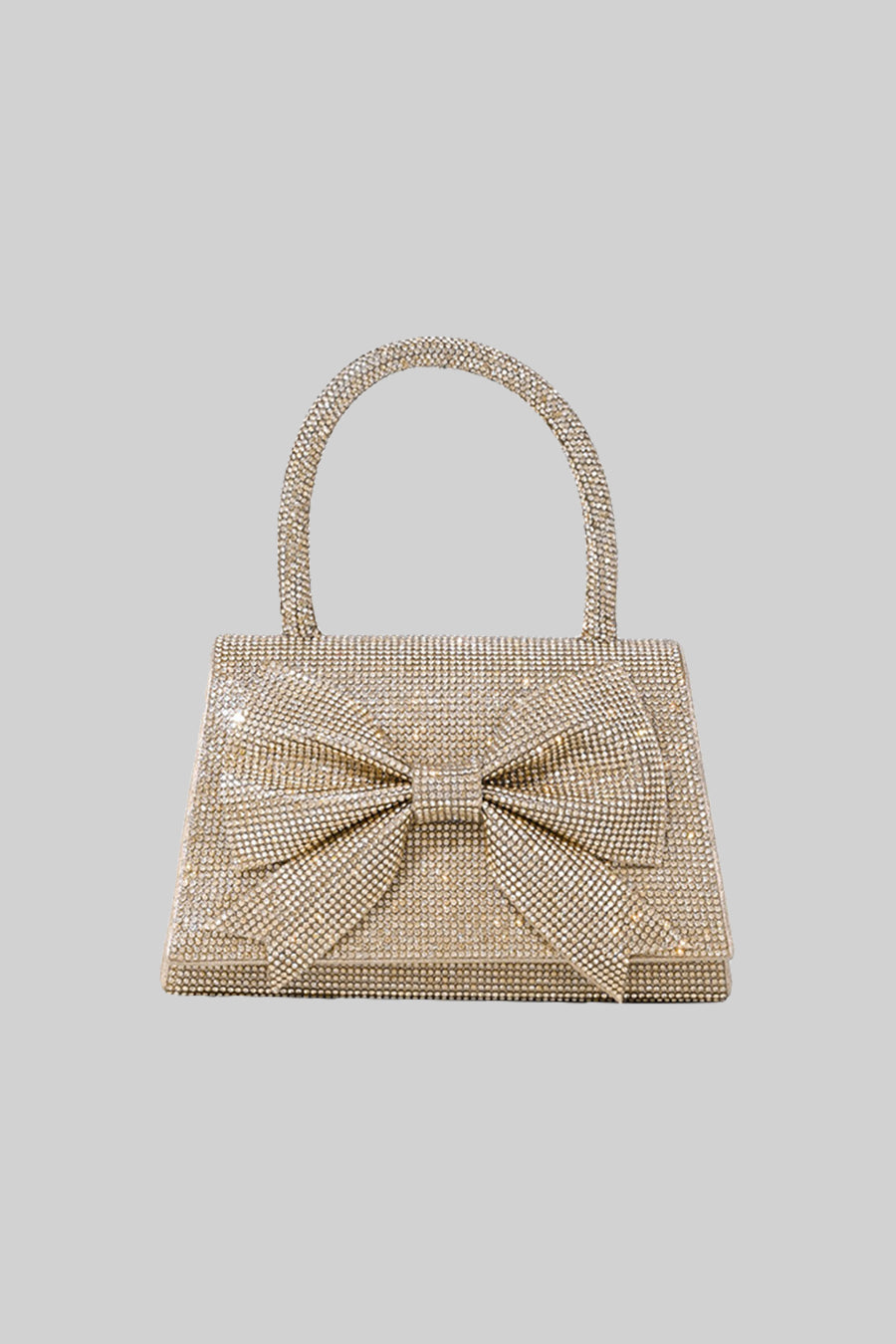 Rhinestone Bow Clutch with Curved Handle and Chain Strap – Gold