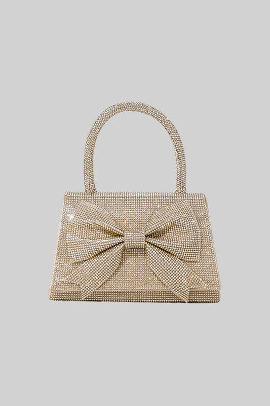 Rhinestone Bow Clutch with Curved Handle and Chain Strap – Gold
