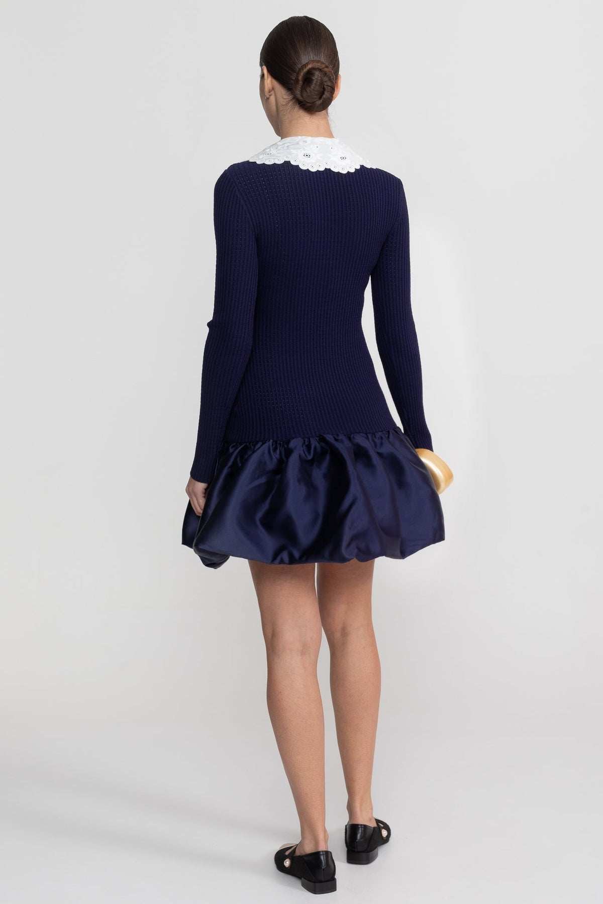 Knit Long Sleeve Mini Dress with Broderie Peter Pan Collar – Navy – view 7