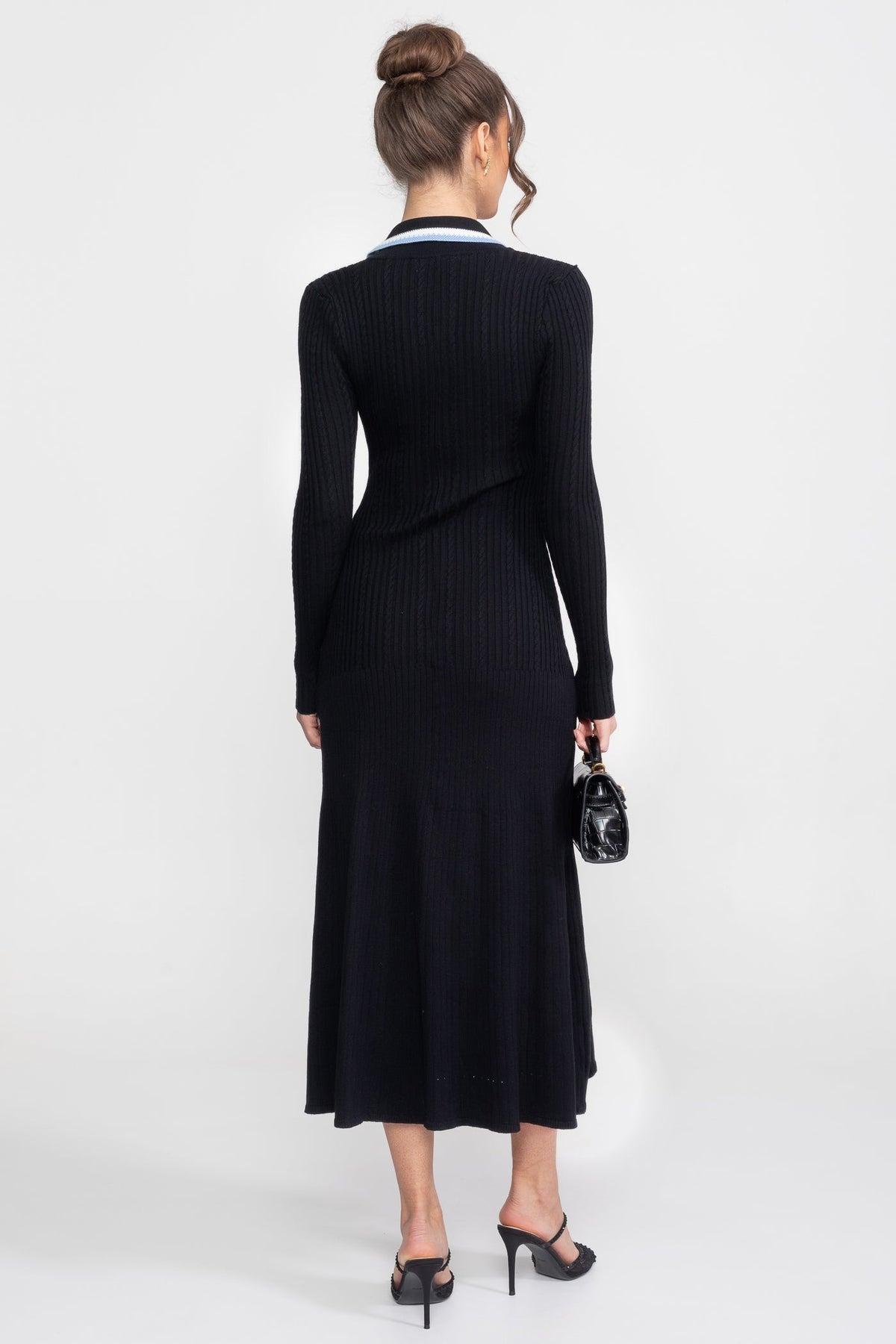 Ribbed Knit Polo Collar Long Sleeve Midi Dress with Monogram Pocket – Black