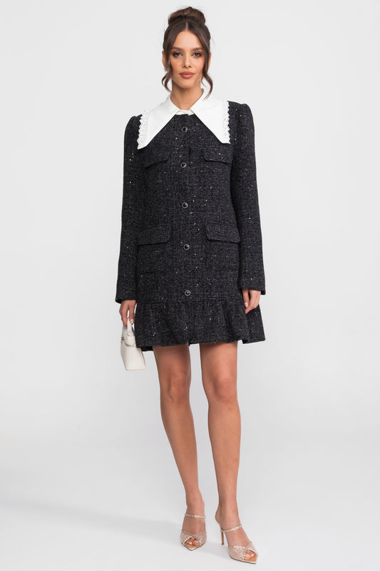Bouclé Tweed Mini Dress with Scallop Trim Collar and Ruffle Hem – Charcoal