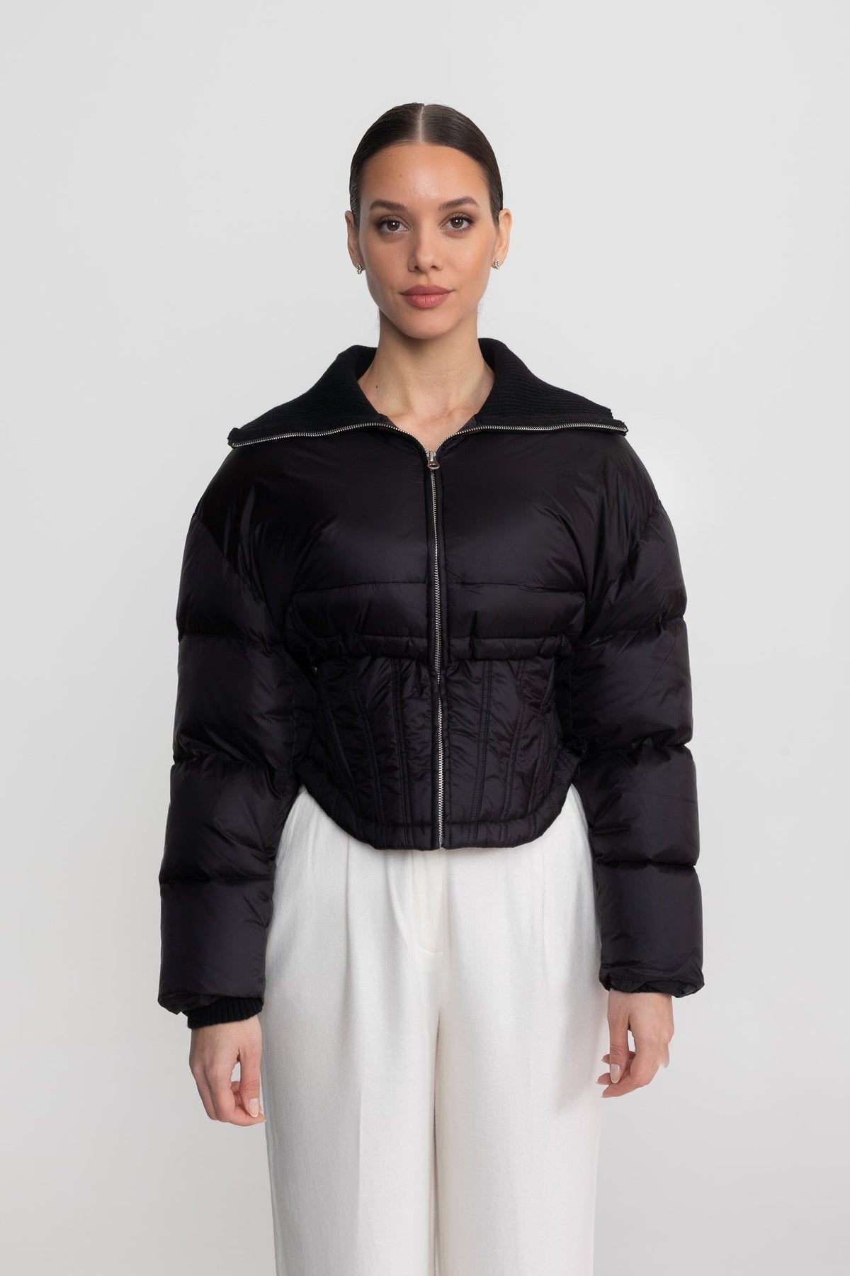 Cropped Puffer Jacket with Corset Waist and Stand Collar – Black – view 3