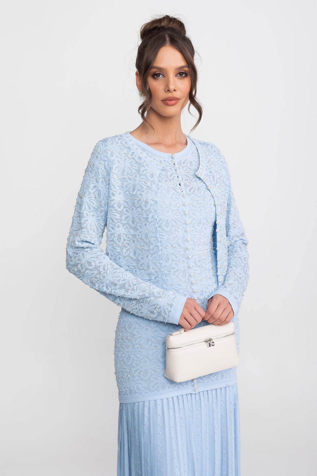 Beaded Lace Long Sleeve Cardigan with Pearl Buttons – Blue