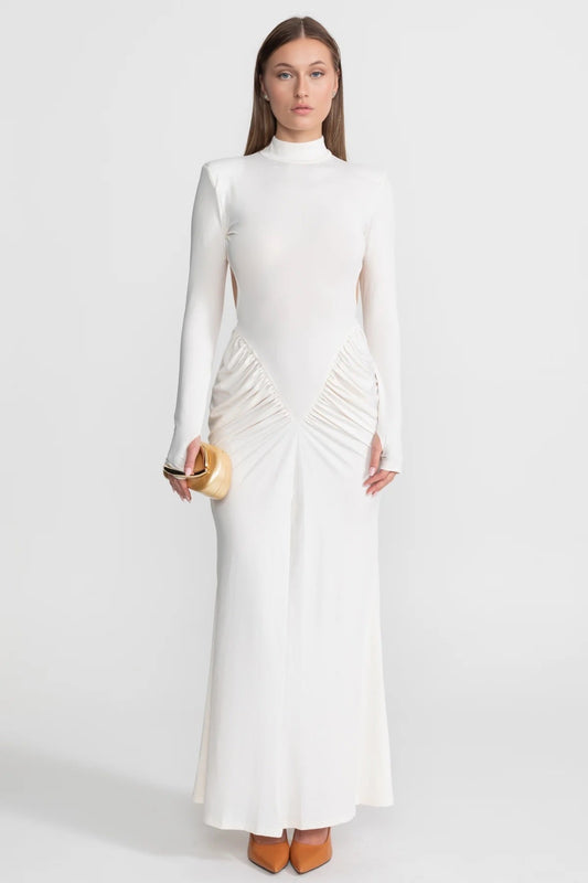 Stretch Satin Ruched Maxi Dress with Side Cut-Outs – White