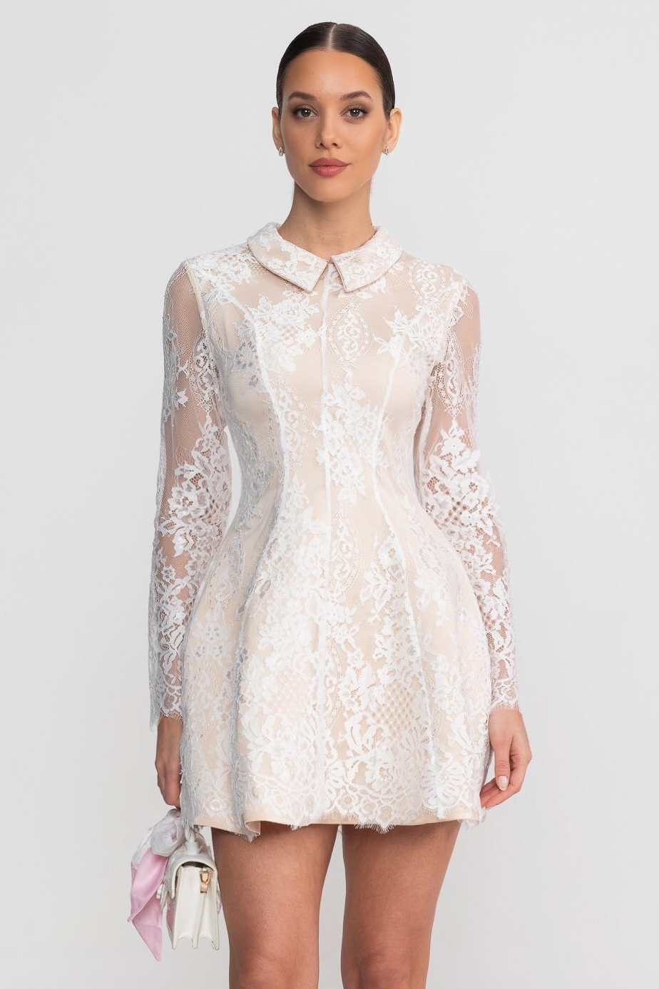 Long Sleeve Lace Collared Mini Dress with Sheer Overlay – Ivory – view 1