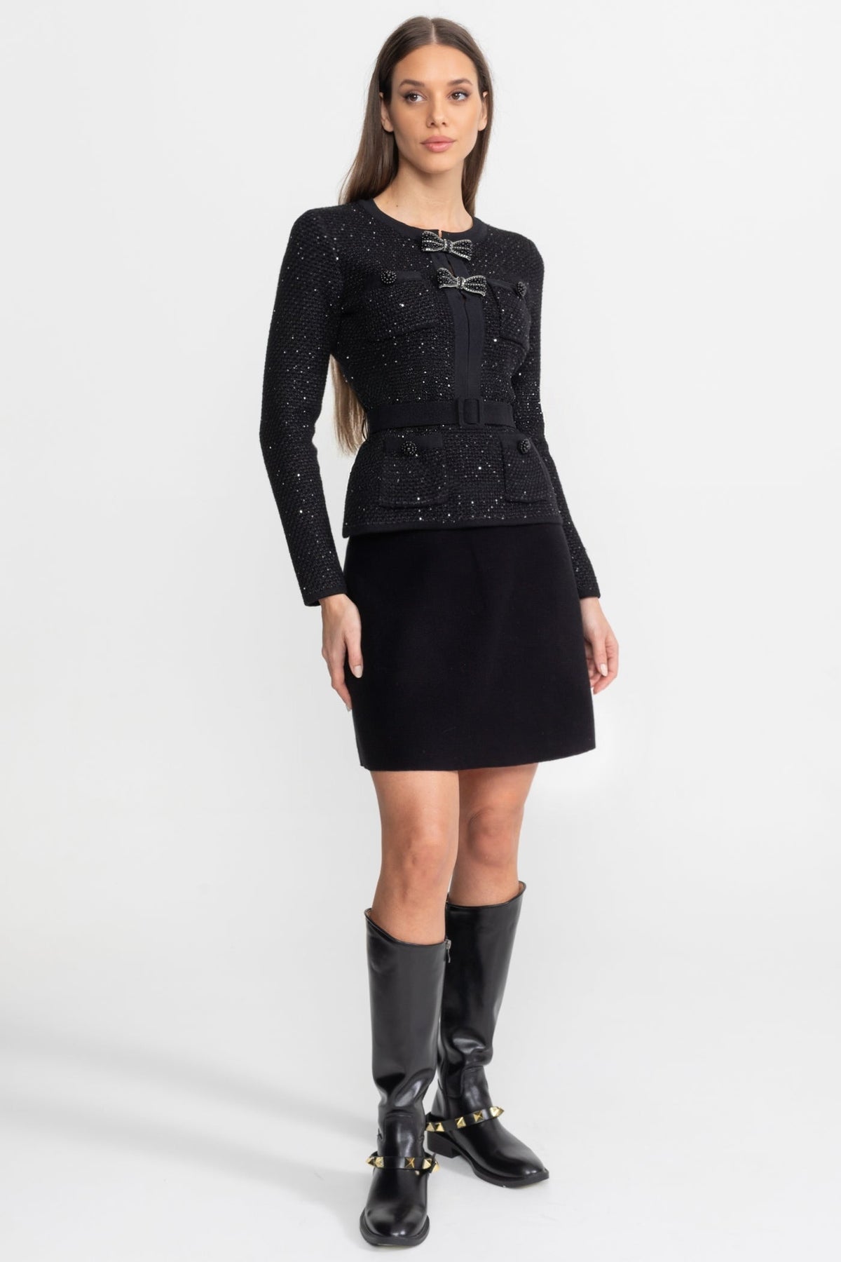 Embellished Tweed Cropped Jacket and A-Line Mini Skirt Set with Bows – Black