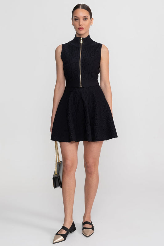 Jacquard Sleeveless High Neck Zip Top and Mini Skirt Set – Black