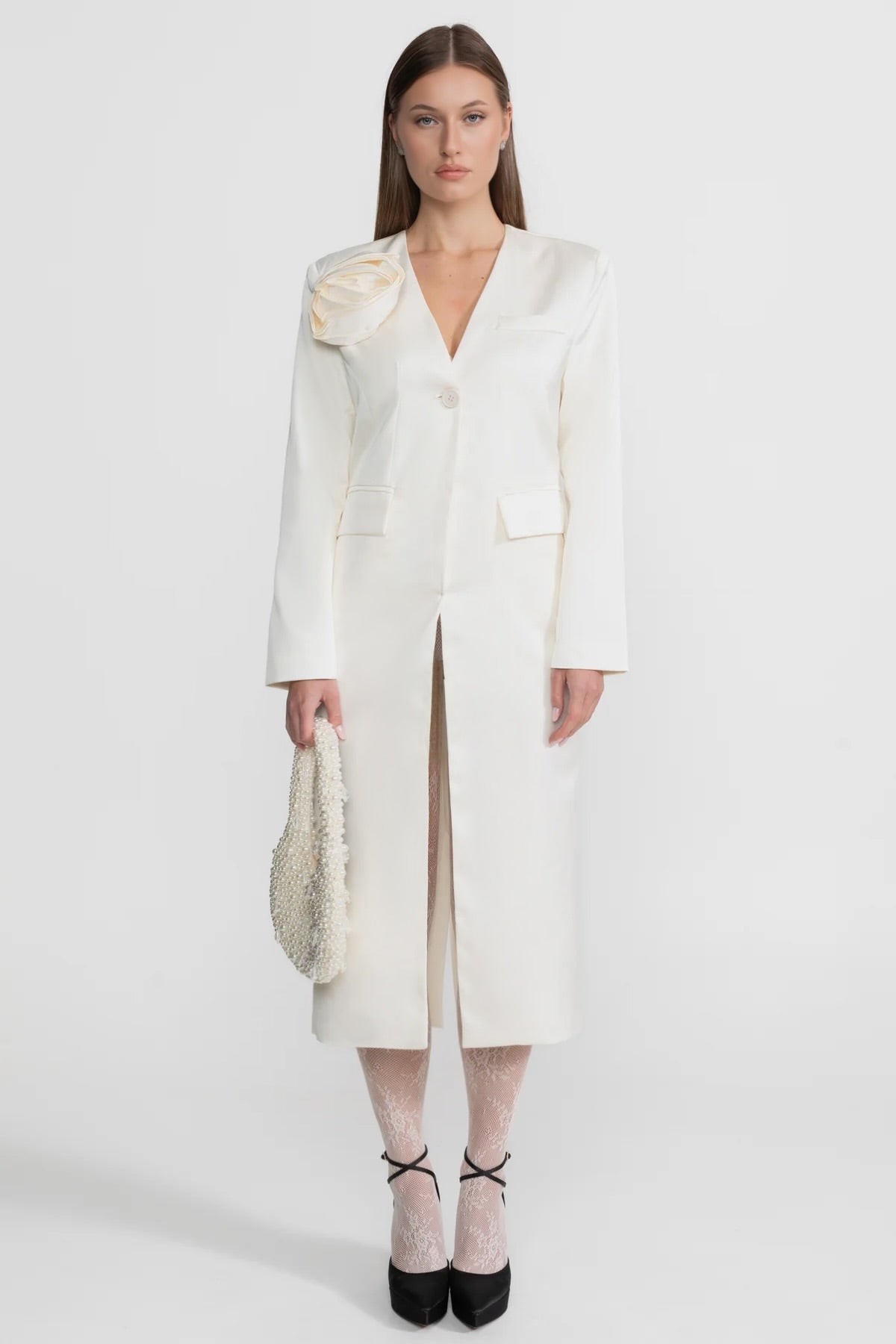 Satin Single-Breasted Blazer Dress with Rose Detail – Ivory – view 1