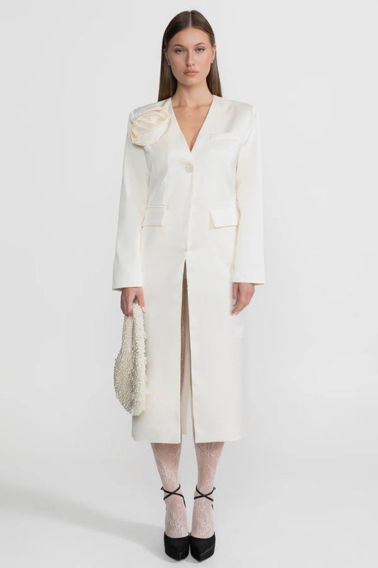 Satin Single-Breasted Blazer Dress with Rose Detail – Ivory