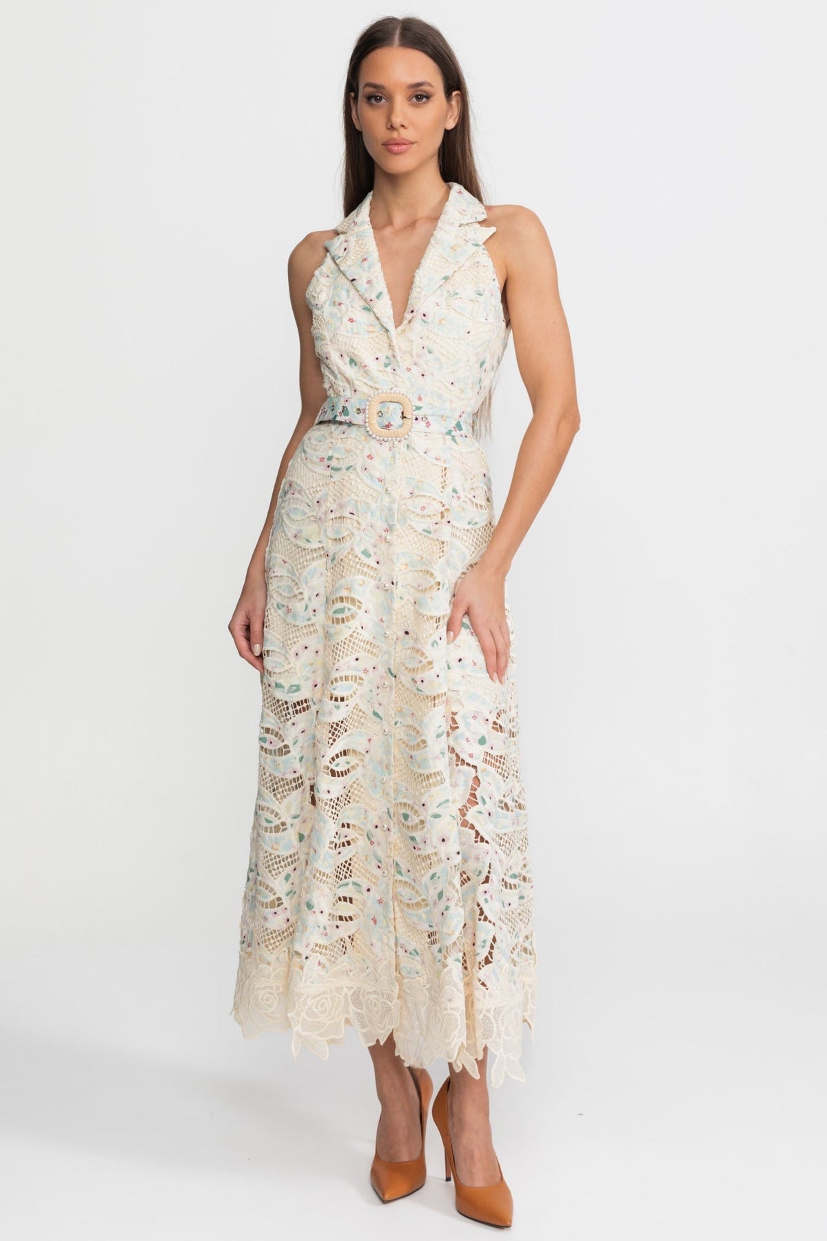Embroidered Lace Halter V-Neck Belted Midi Dress – Ivory – view 5