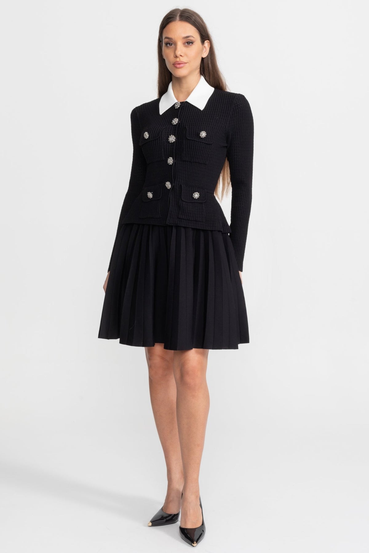 Ribbed Knit Mini Dress with Contrast Collar and Crystal Buttons – Black – view 3
