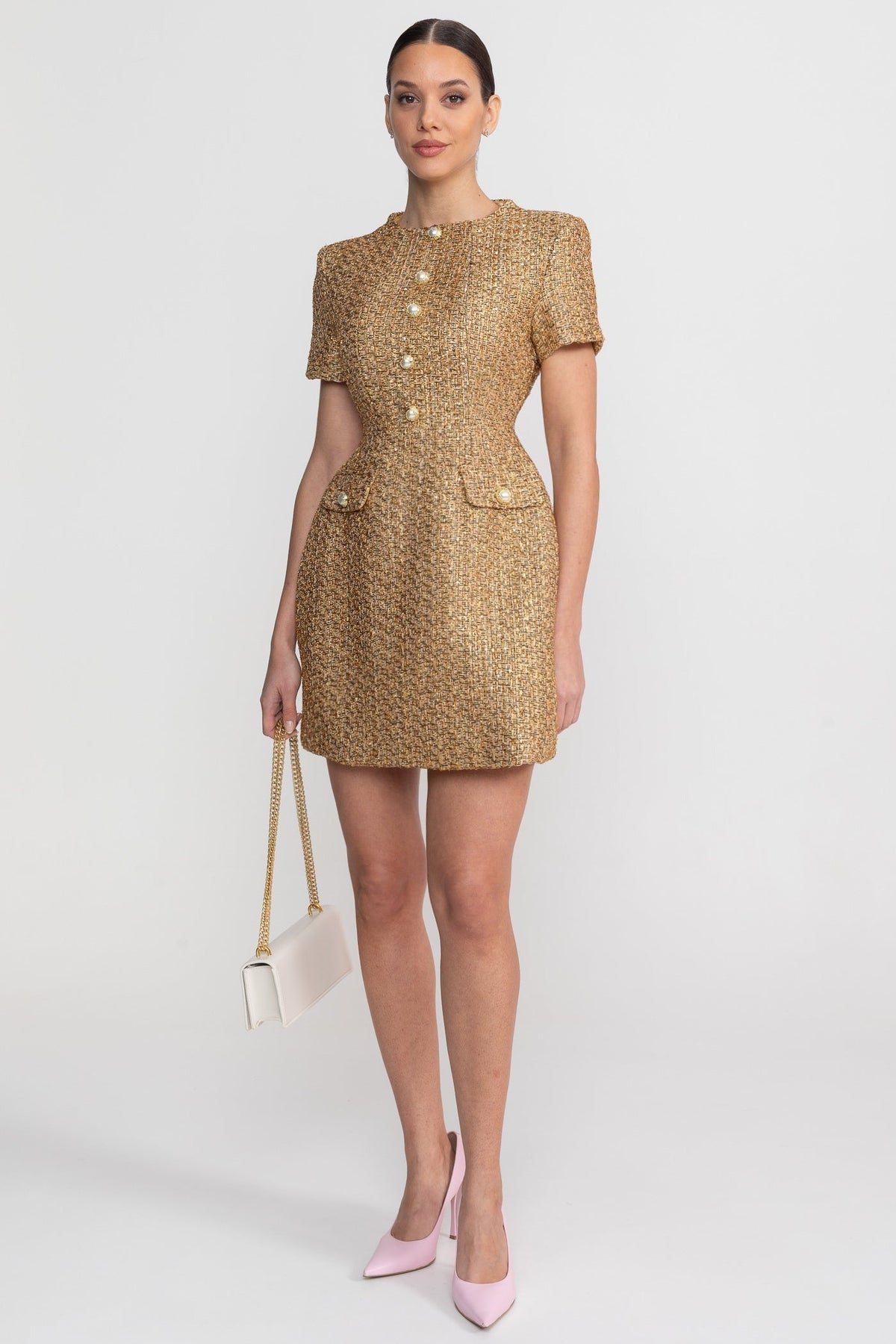 Metallic Tweed A-Line Mini Dress with Pearl-Effect Buttons – Gold – view 4