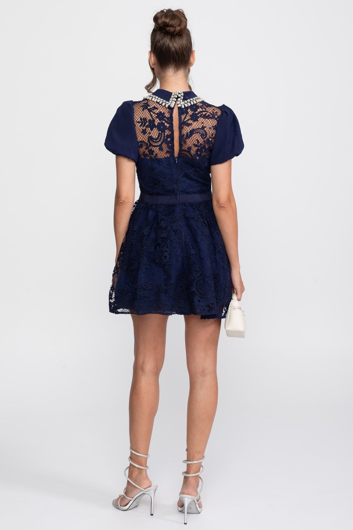Floral Lace Puff Sleeve Mini Dress with Pearl Embellished Collar – Navy – view 5