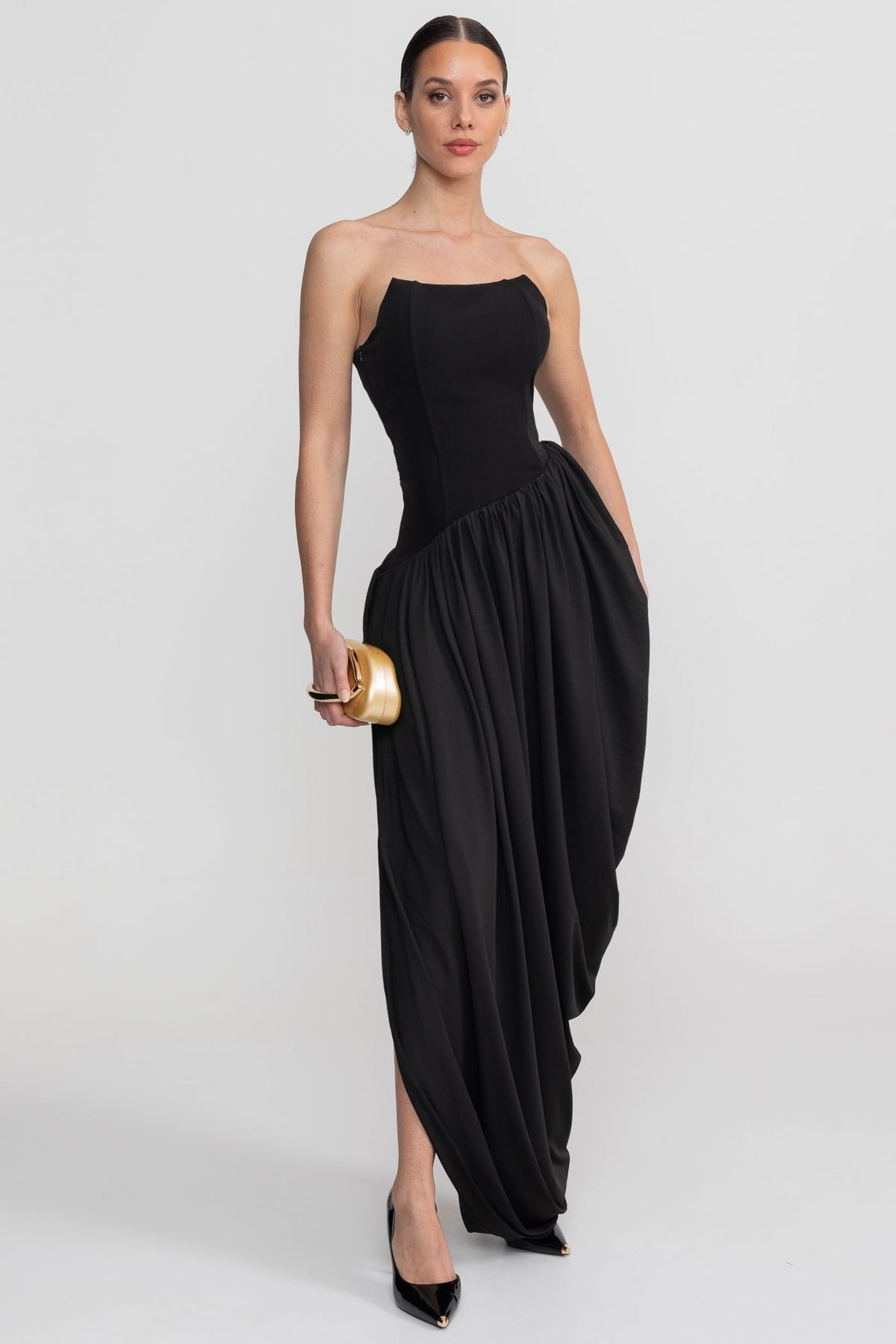 Strapless Crepe-Effect Maxi Dress with Asymmetric Draped Skirt – Black – view 3