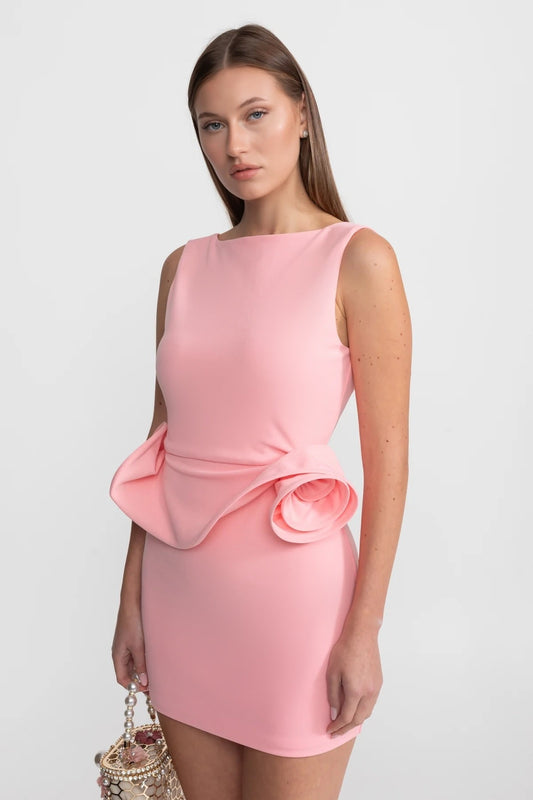 Sleeveless Boat Neck Crepe Mini Dress with Sculptural Peplum – Pink