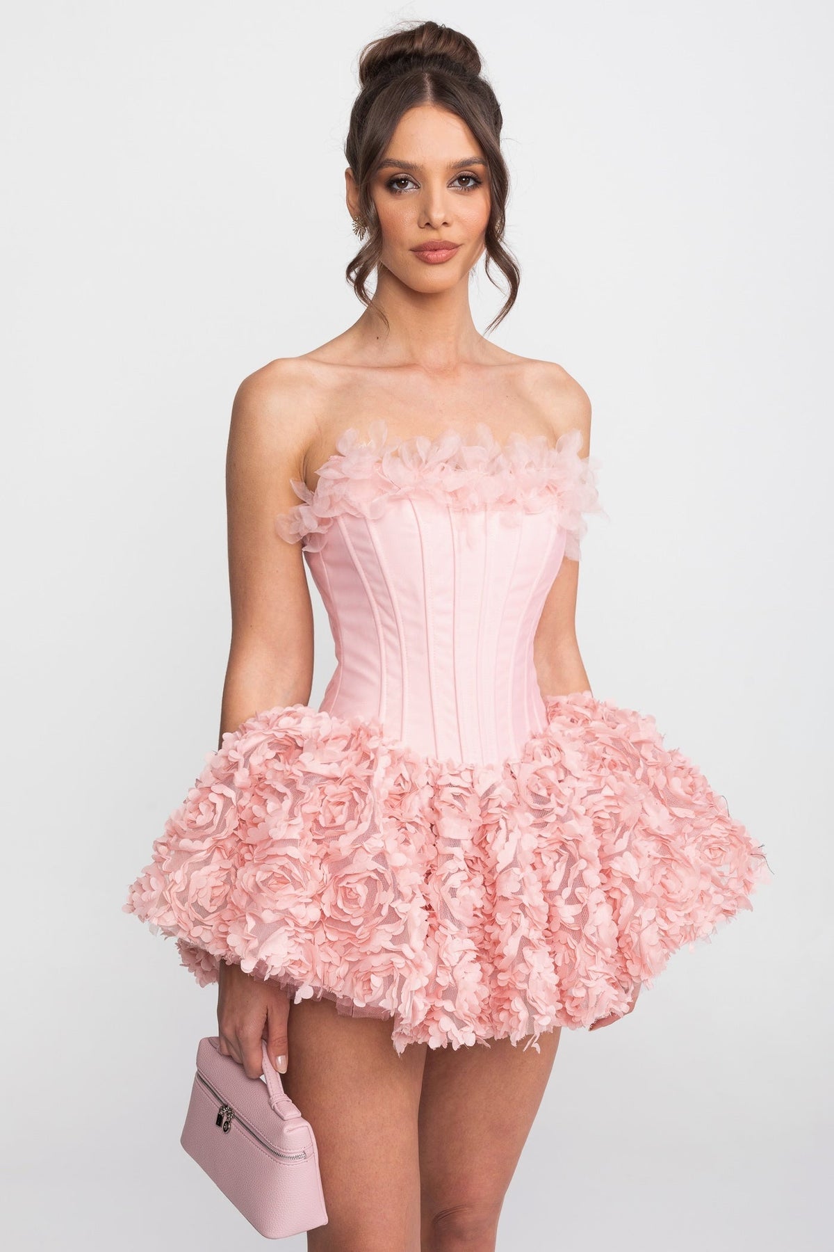 Strapless Satin Corset Mini Dress with 3D Rose Appliqué Skirt – Pink – view 2