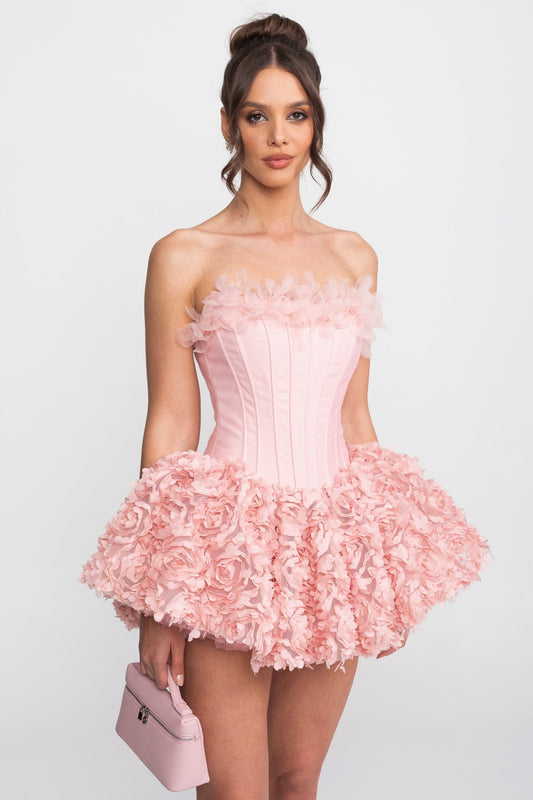 Strapless Satin Corset Mini Dress with 3D Rose Appliqué Skirt – Pink – view 2