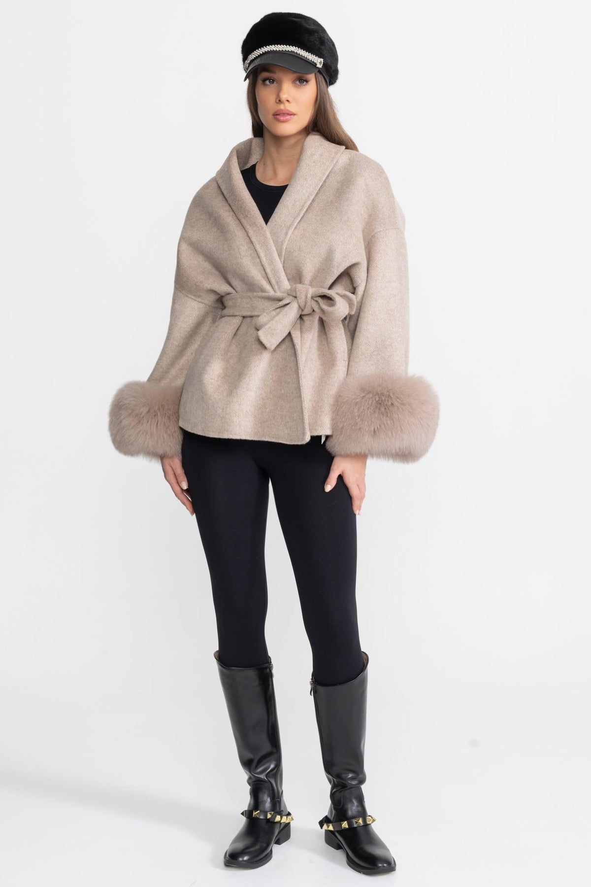 Wool Blend Wrap Jacket with Plush Cuffs – Beige – view 4