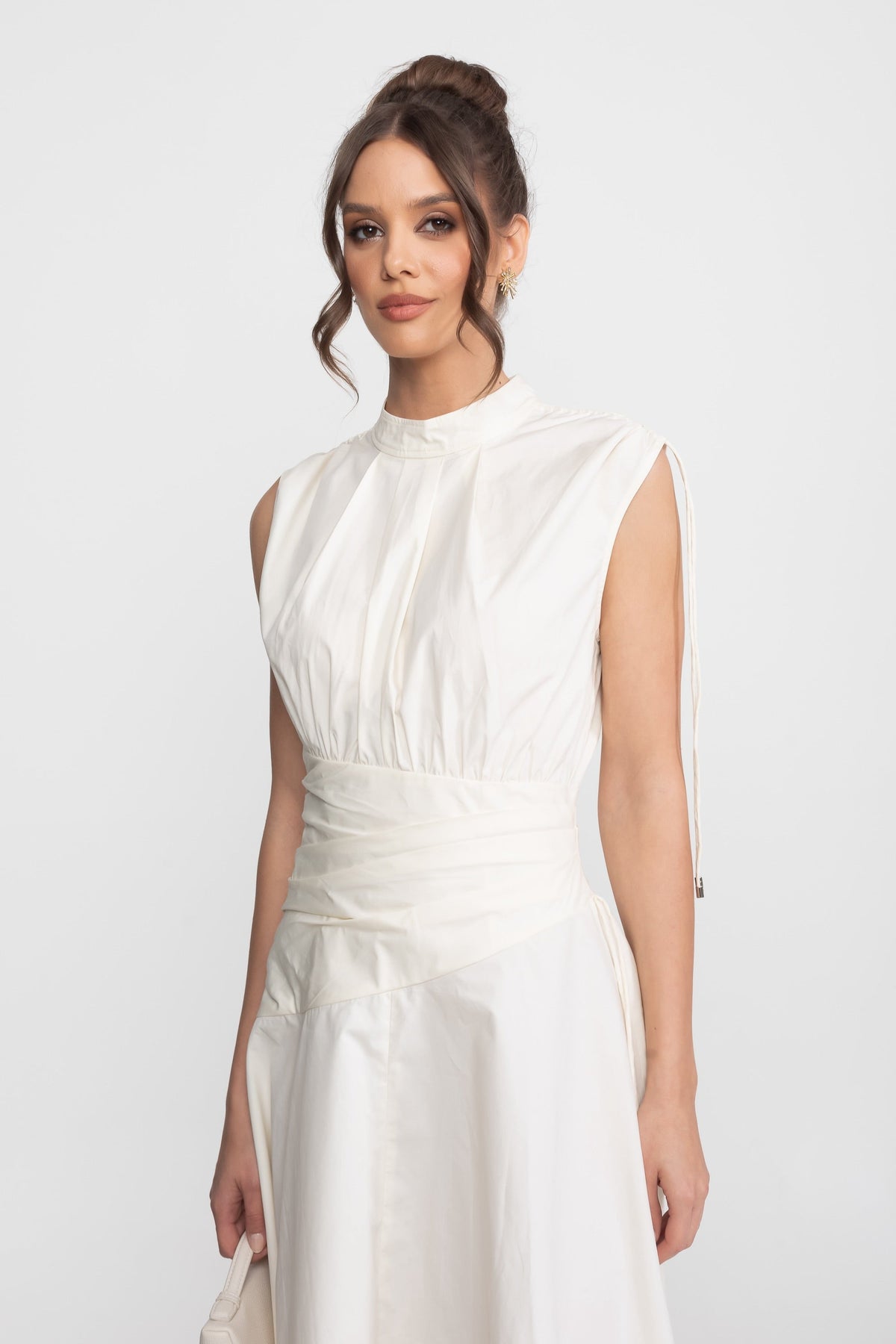 High Neck Ruched Waist Midi Dress with Handkerchief Hem – Ivory – view 4