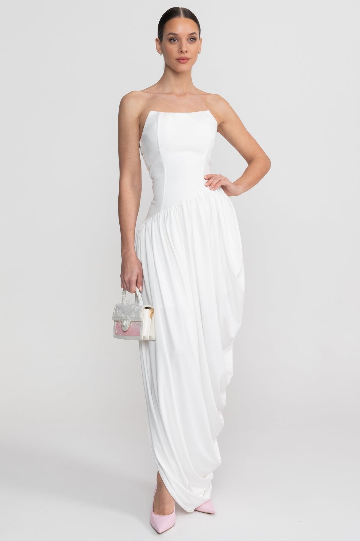 Strapless Maxi Dress with Asymmetric Waist and Cascading Draped Skirt – White – view 7