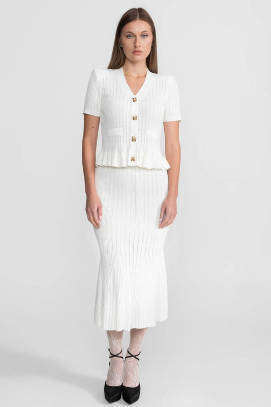 Ribbed Knit Peplum Top and Midi Skirt Co-ord with Gold Buttons – White