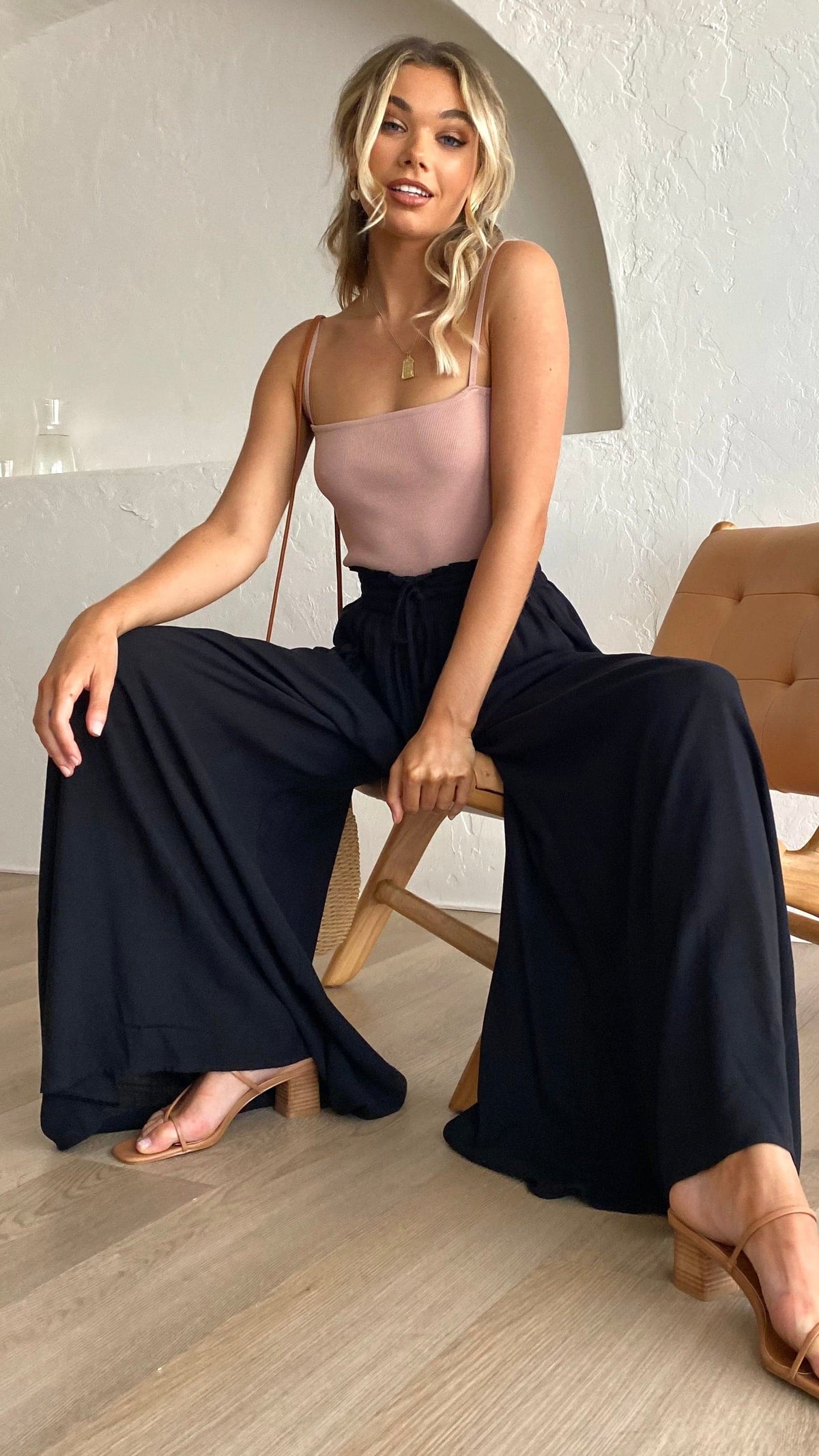Avery Wide Leg Drawstring Waist Rayon Trousers – Black – view 2
