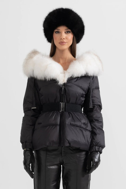 Belted Duck Down Puffer Jacket with White Lined Hood – Black