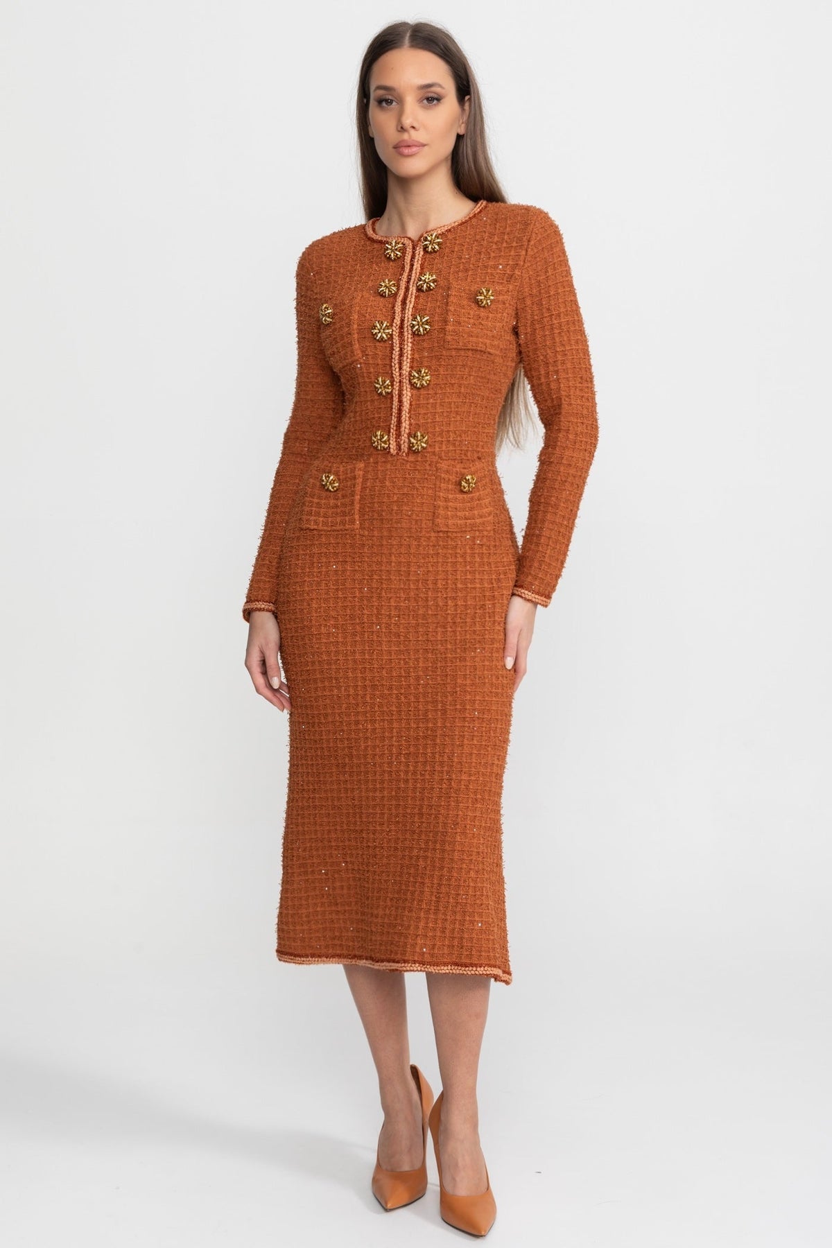 Long Sleeve Tweed Midi Dress with Crystal Buttons – Rust