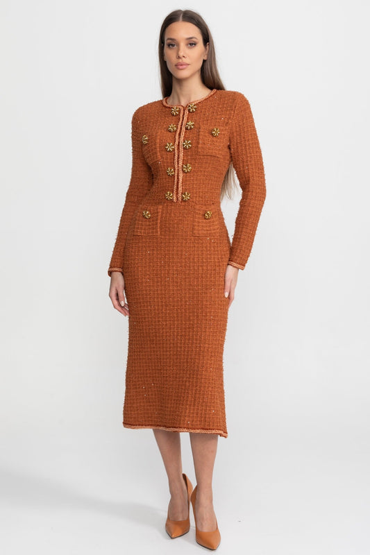 Long Sleeve Tweed Midi Dress with Crystal Buttons – Rust